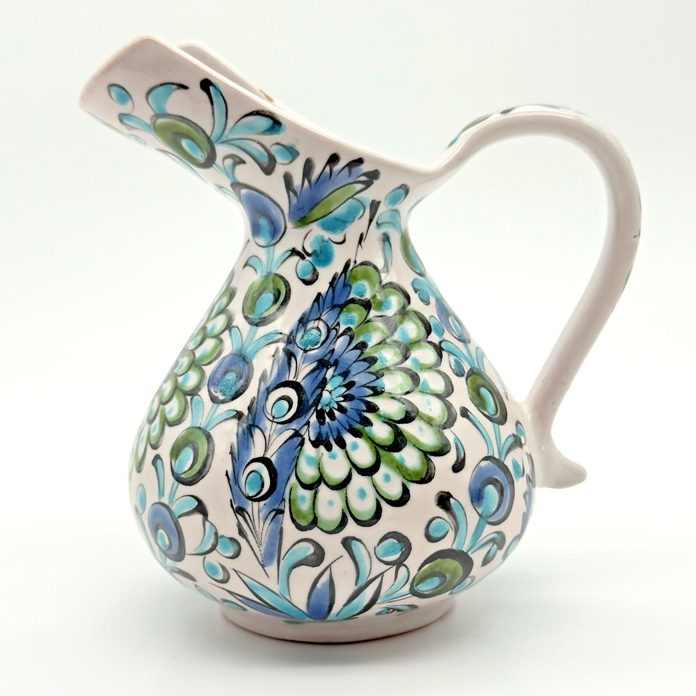 Vintage Ikaros Pottery Hand Painted Pitcher Rhodes Greece White Blue Green - Picture 1 of 10